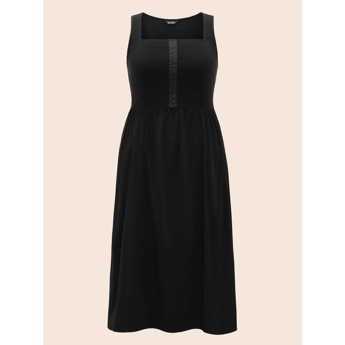 Plus Size Stretch Woven Pleated Flare Vest Midi Dress Black Women At the Office Gathered Square Neck Sleeveless Curvy BloomChic 18-20/2X Product Image