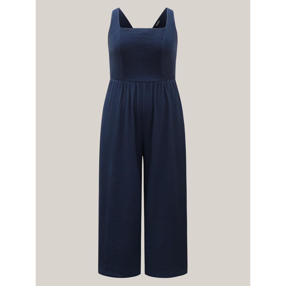 Plus Size Midnight Shirred Pockets Wide-Leg Plain Jumpsuit Women Leisure Sleeveless Non Vacation Loose Jumpsuits BloomChic 22-24/3X Product Image