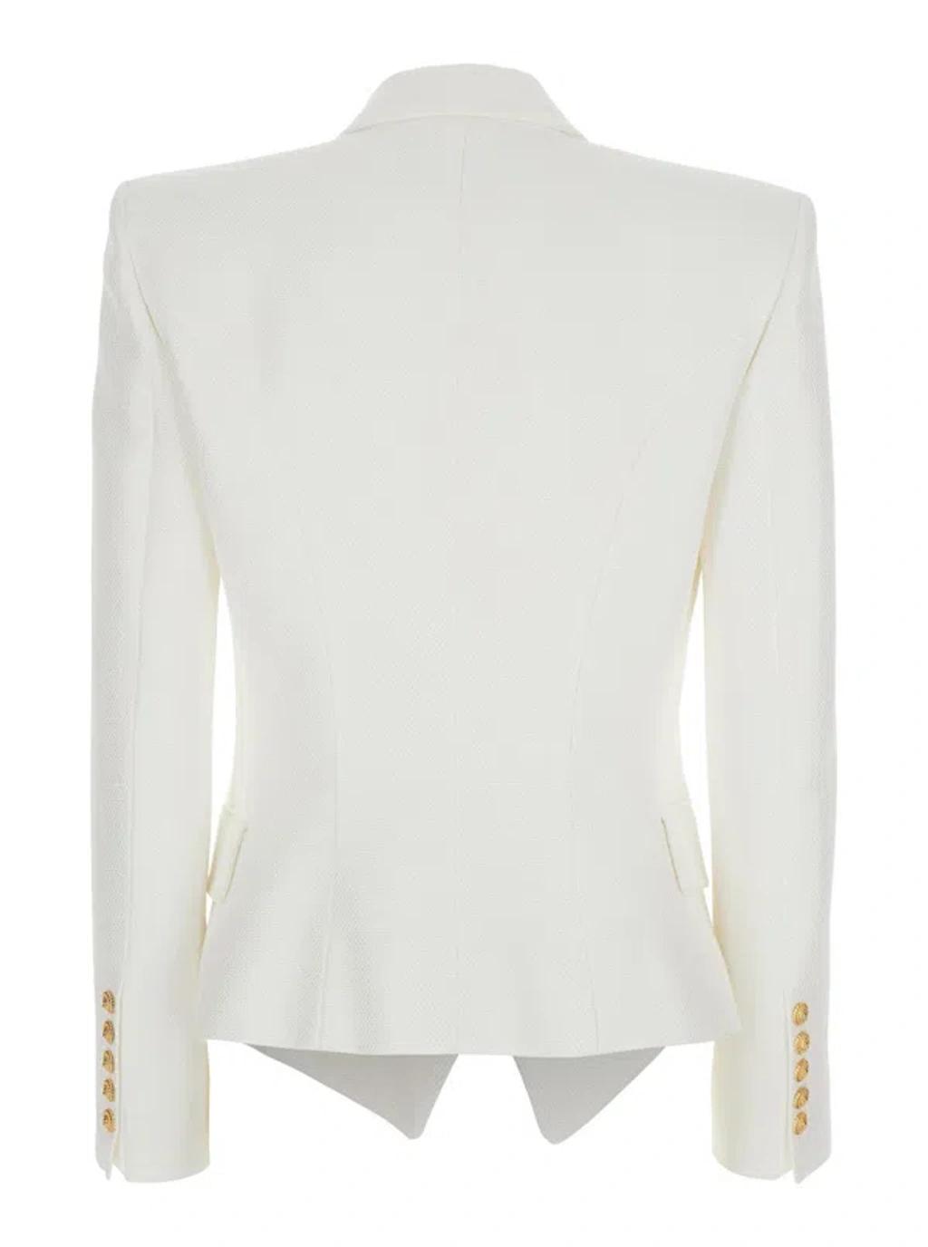 BALMAIN Double-breasted Structured Denim Blazer With Peak Lapel In White Product Image