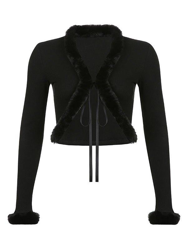 Fuzzy Trim Crop Ribbed Knit Top Product Image