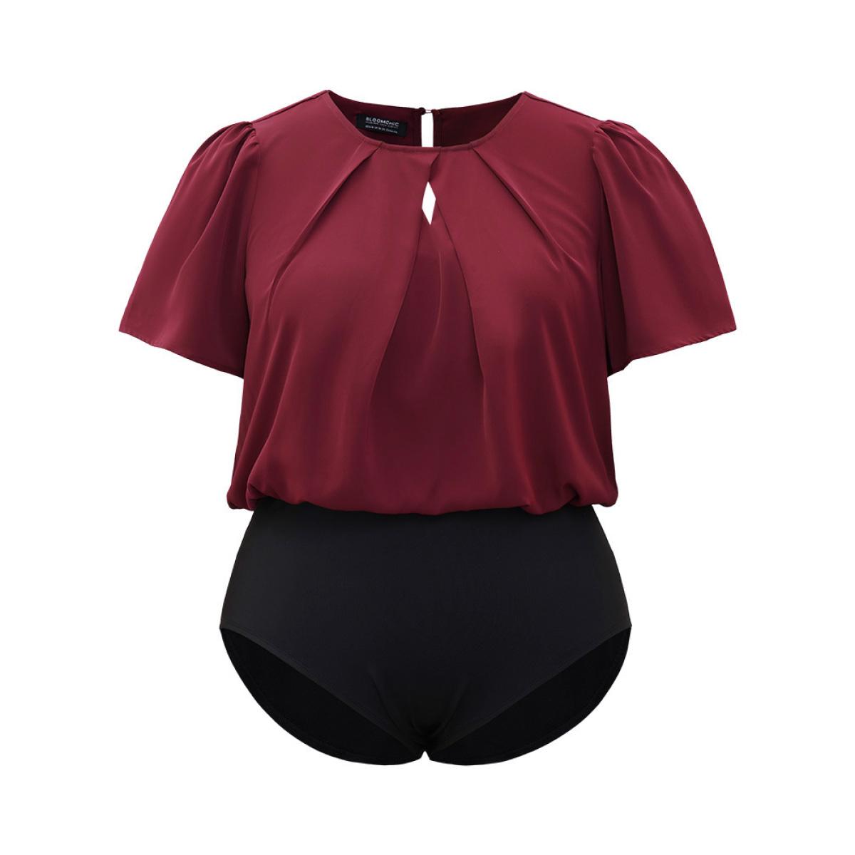 Plus Size Plain Keyhole Plicated Detail Puff Sleeve Bodysuit Women Burgundy Plain Keyhole Bodysuits BloomChic 28/5X Product Image