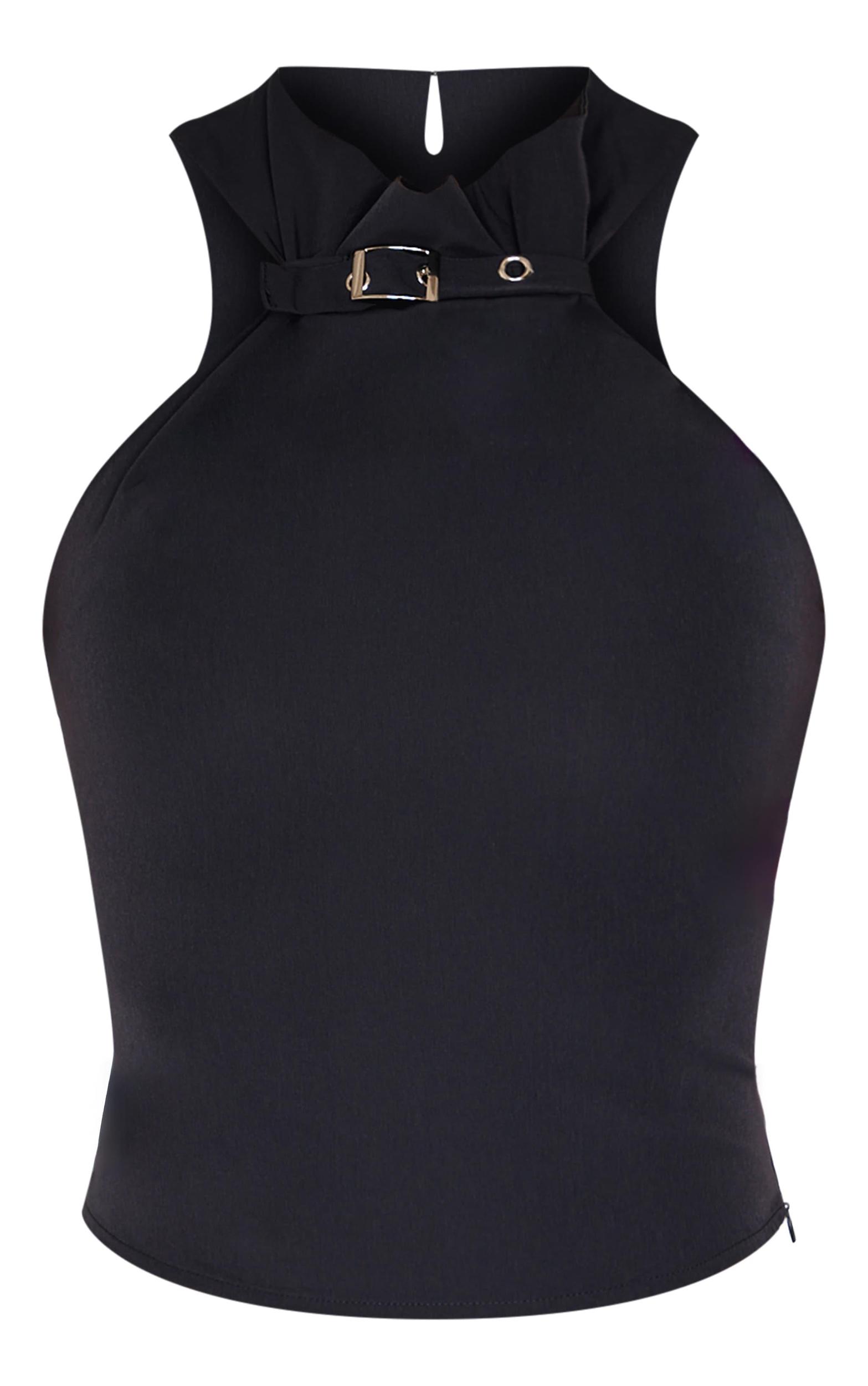  Charcoal Buckle Neck Detail Woven Long Top Product Image