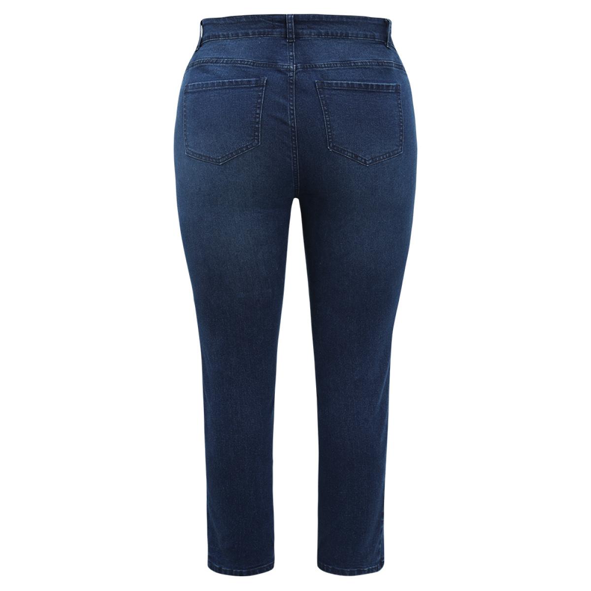 Plus Size Straight Very Stretchy High Rise Dark Wash Embroidered Trim Jeans Women DarkBlue Casual Plain Embroidered High stretch Jeans BloomChic 28/5X Product Image