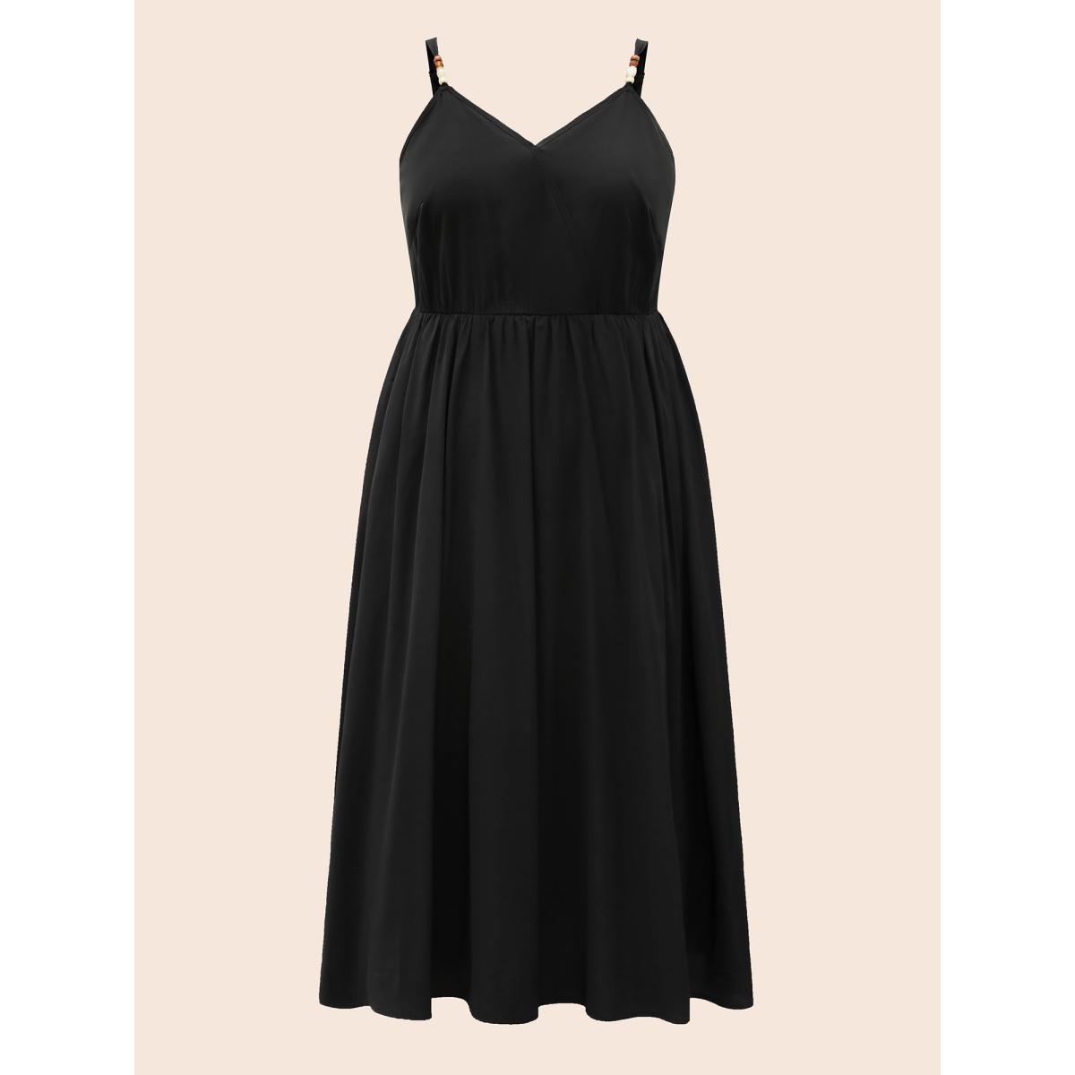 Plus Size Bead Detail Overlap Collar Cami Dress Black Women Resort Gathered Overlap Collar Sleeveless Curvy BloomChic 14-16/1X Product Image