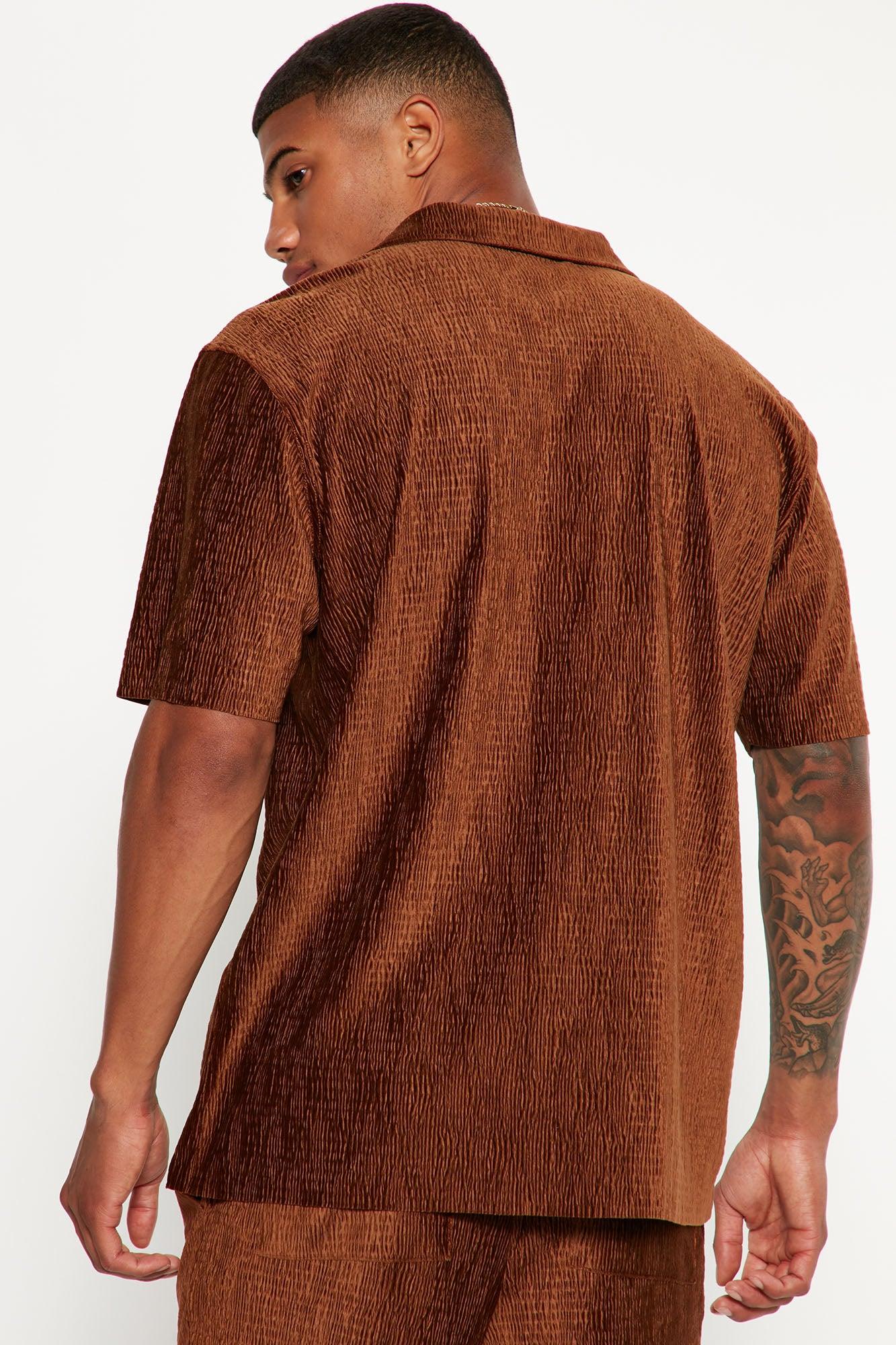 Wavy Textured Short Sleeve Cuban Shirt - Chocolate Product Image