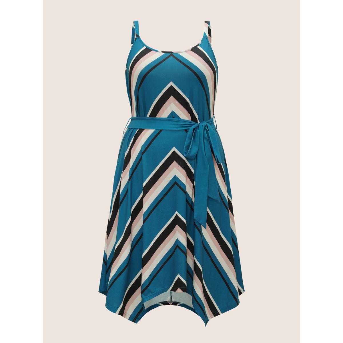 Plus Size Striped Geometric Belted Adjustable Straps Dress Cerulean Women Casual Non U-neck Sleeveless Curvy Midi Dress BloomChic 14-16/1X Product Image