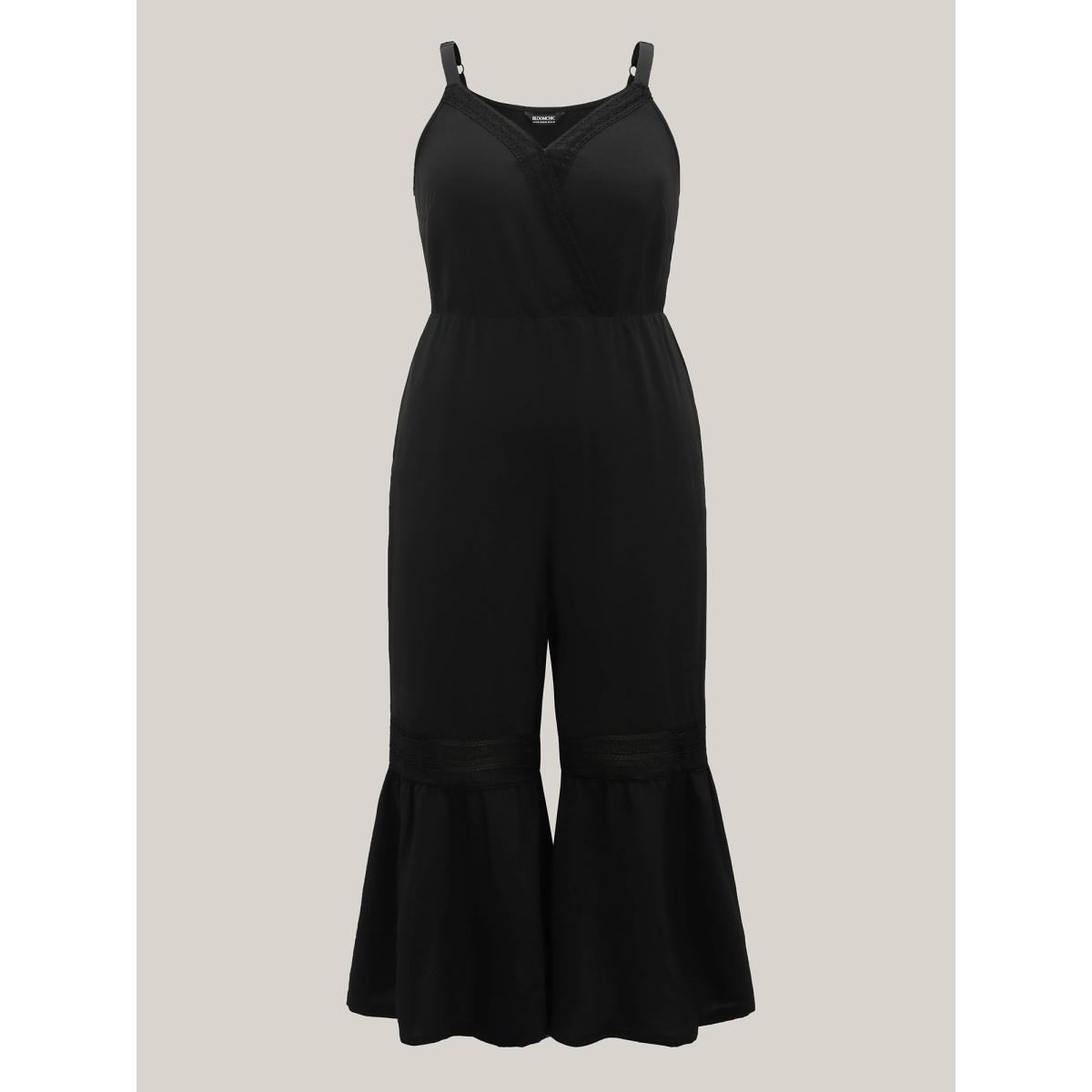 Plus Size Black Lace Trim Solid Wide Leg Jumpsuit Women Sleeveless Non Vacation Loose Jumpsuits BloomChic 10/M Product Image
