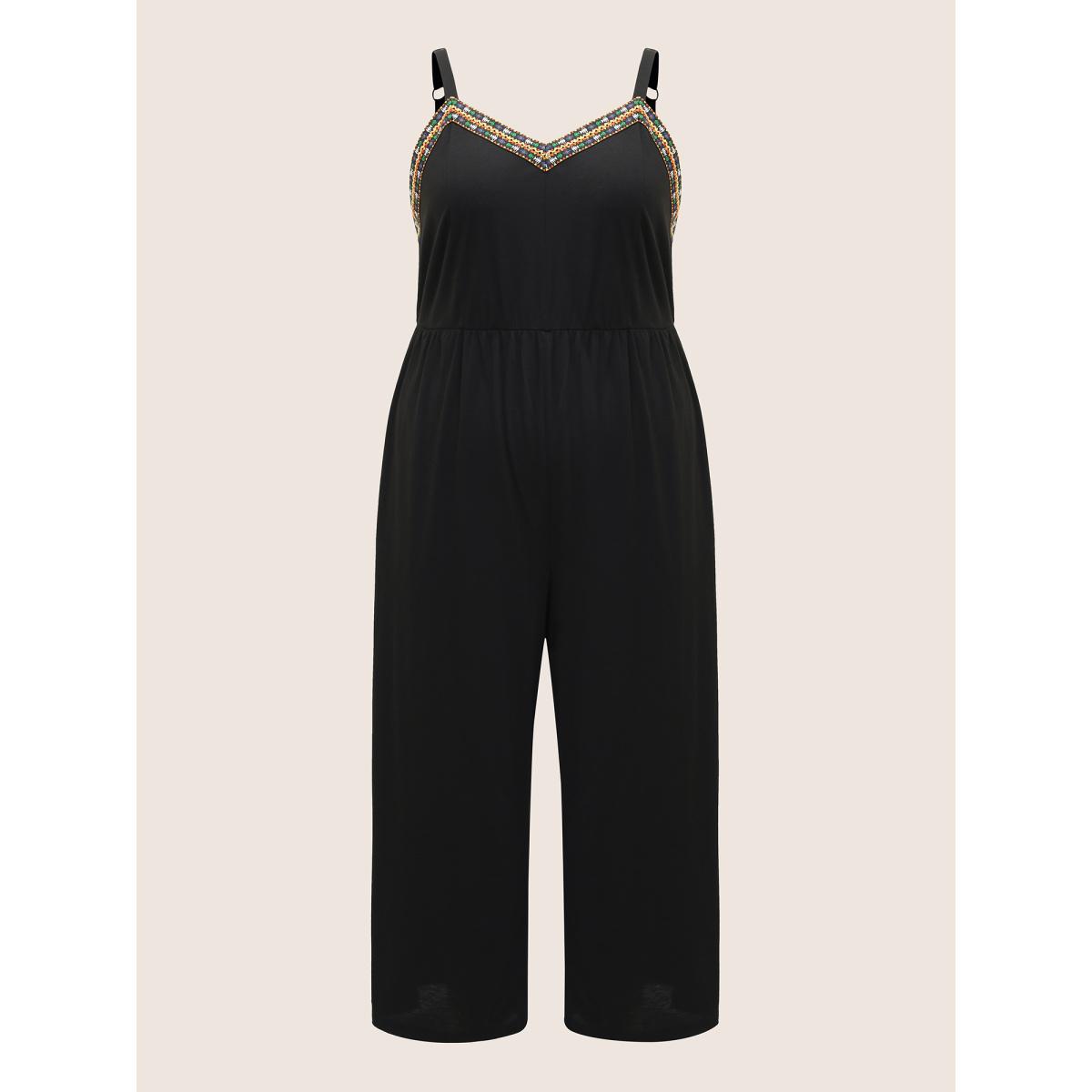 Plus Size Black V Neck Woven Ribbon Pocket Jumpsuit Women Resort Sleeveless V-neck Vacation Loose Jumpsuits BloomChic 18-20/2X Product Image