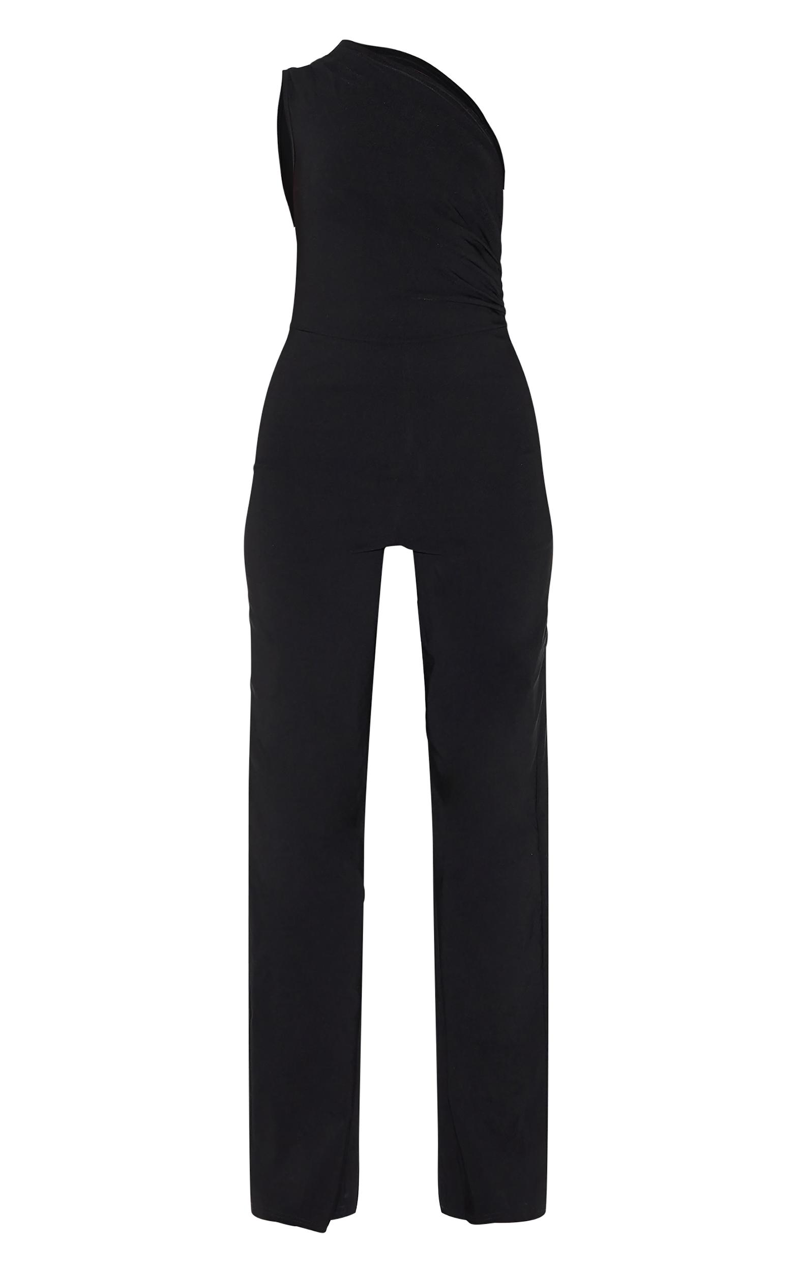Black Stretch Woven One Shoulder Ruched Flared Jumpsuit Product Image