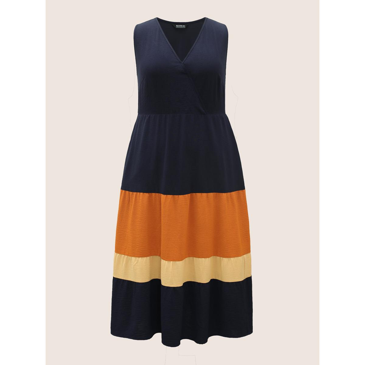 Plus Size Patchwork Contrast Overlap Collar Sleeveless Dress Indigo Women Elegant Contrast Overlap Collar Sleeveless Curvy BloomChic 12/L Product Image