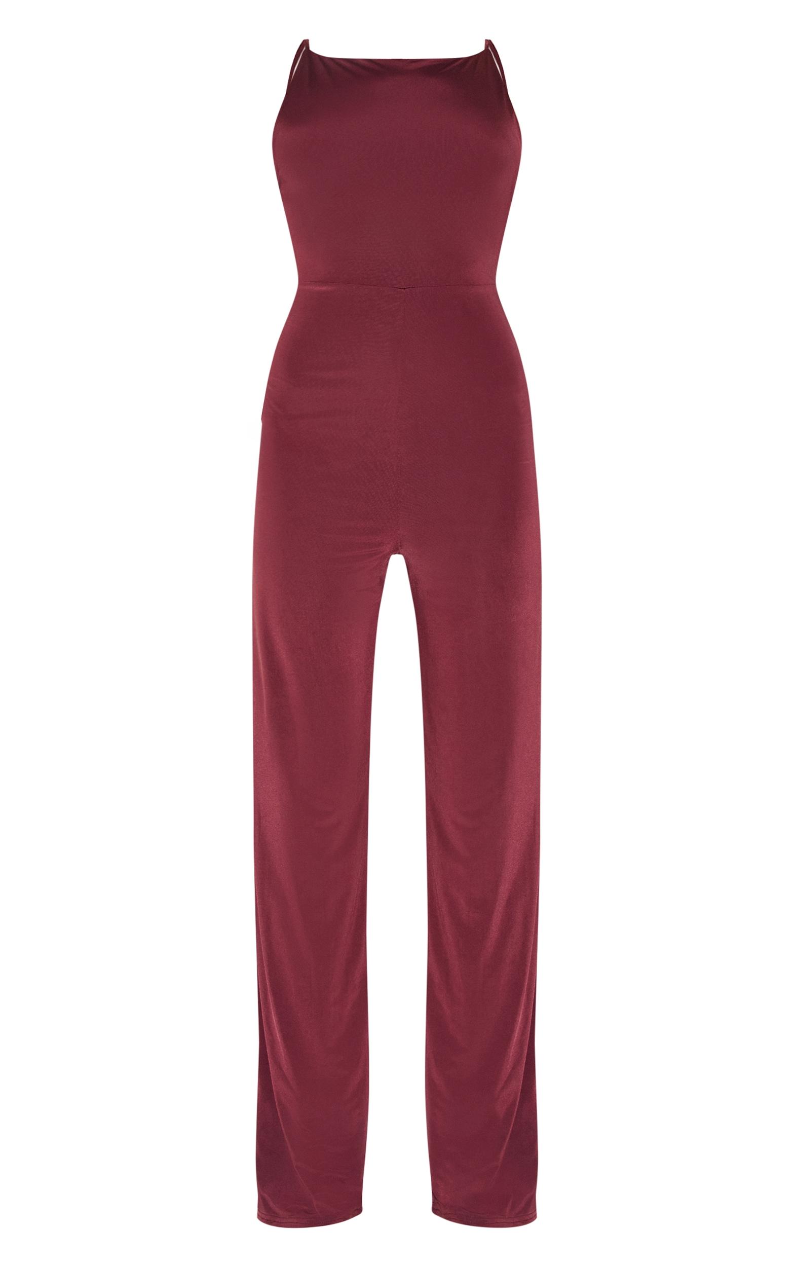 Wine Double Layer Slinky Low Back Strappy Wide Leg Jumpsuit Product Image