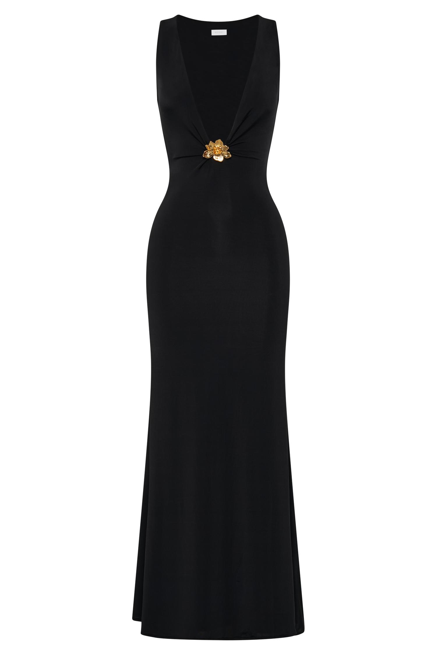 Beck Plunge Maxi Dress With Floral Hardware - Black Product Image