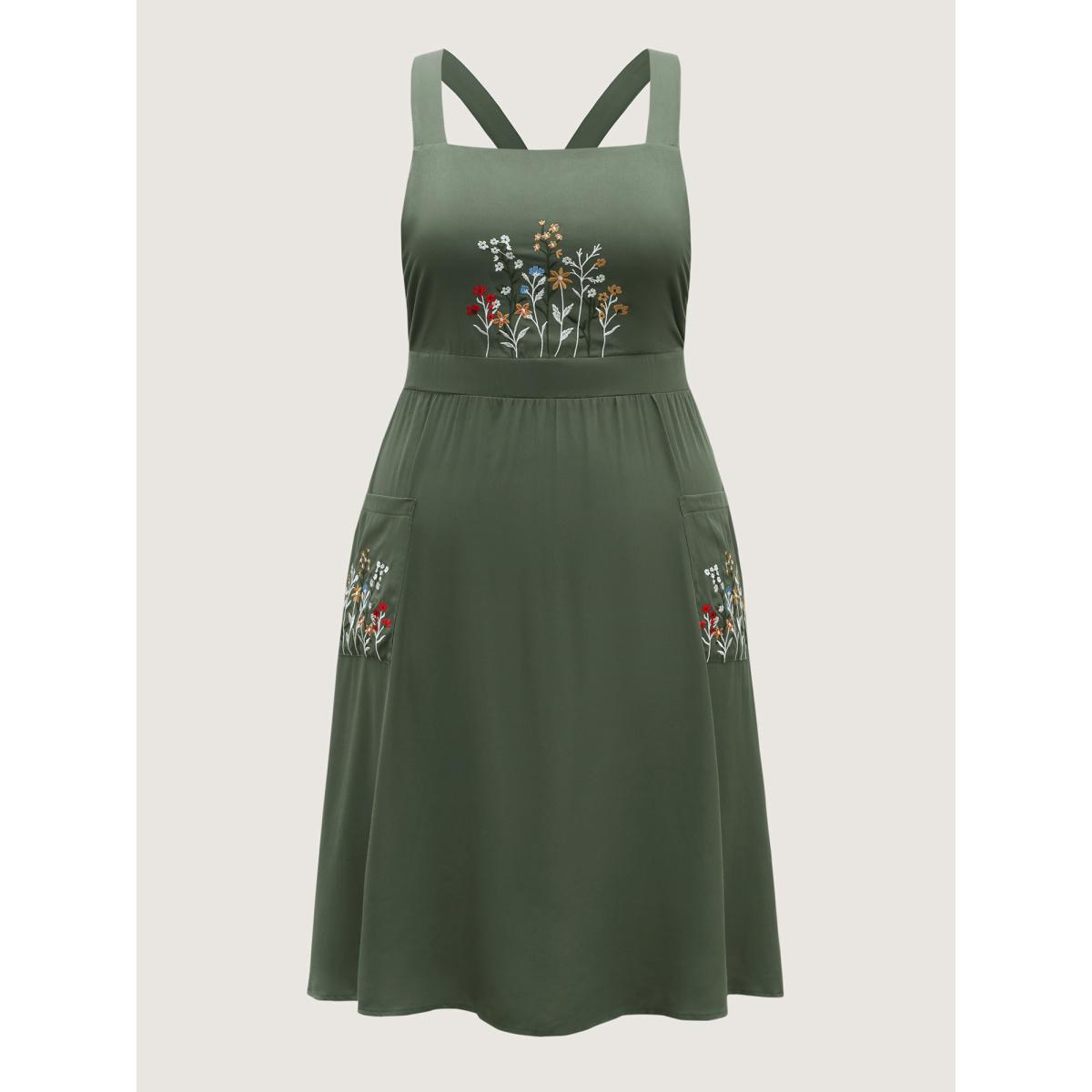 Plus Size Rayon Floral Embroidery Stretchy Waist Midi Dress ArmyGreen Women Leisure Non Sleeveless Curvy BloomChic 14-16/1X Product Image