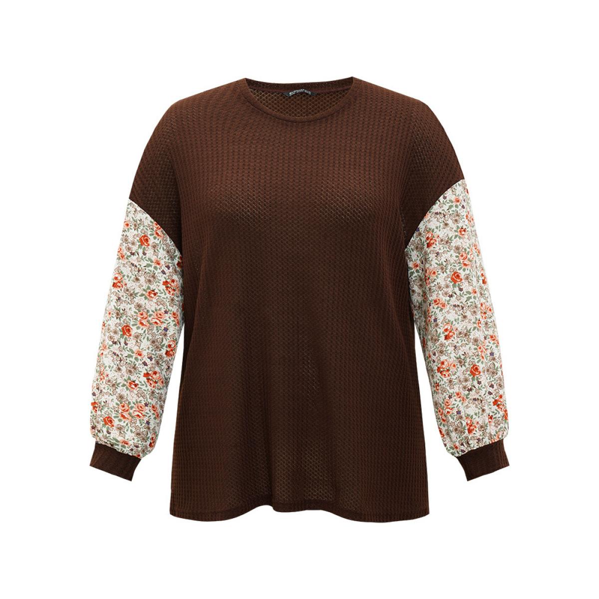 Plus Size Ditsy Floral Patchwork Lantern Sleeve Waffle Knit Sweatshirt Women DarkBrown Elegant Round Neck Dailywear Sweatshirts BloomChic 14-16/1X Product Image