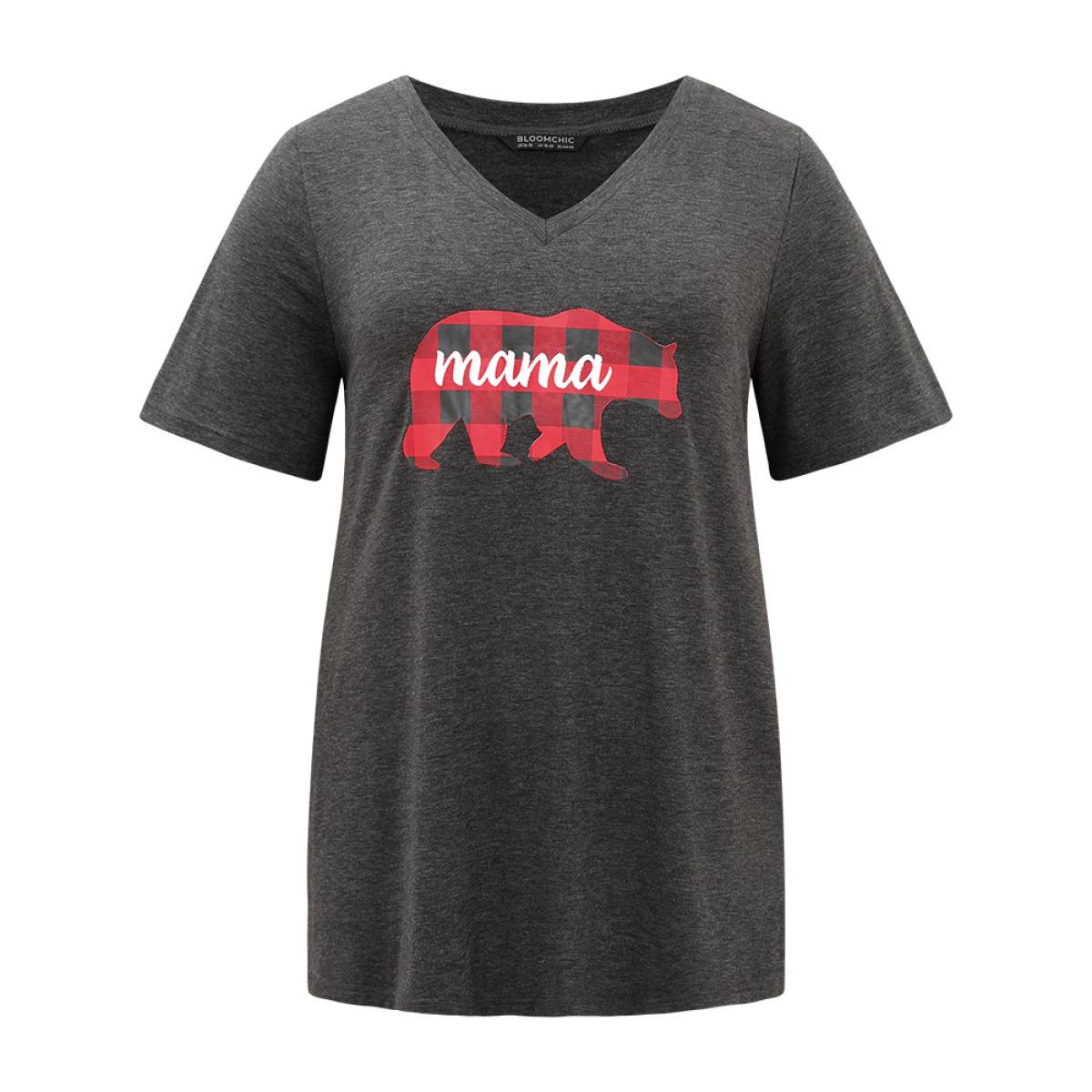 Plus Size Plaid Bear Patchwork Round Neck T-shirt DimGray Women Casual Printed Christmas Festival-Christmas T-shirts BloomChic 30/6X Product Image