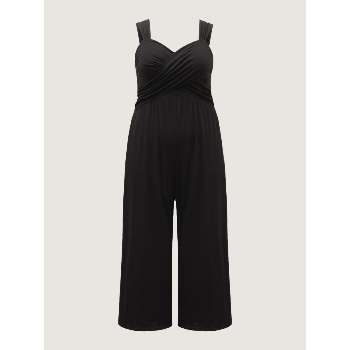 Plus Size Black Overlap Bodice Wide Straps Jumpsuit Women Sleeveless Overlap Collar Everyday-Casual Loose Jumpsuits BloomChic 28/5X Product Image
