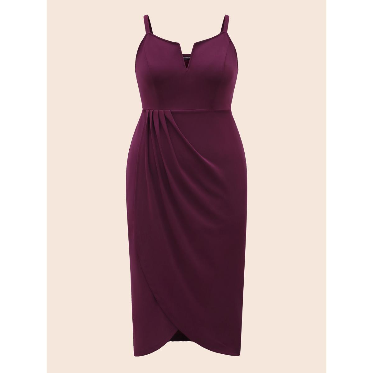 Plus Size Plain Notched Pleated Detail Spaghetti Strap Wrap Hem Dress Eggplant Women Party&Cocktail Adjustable Straps Heart neckline Sleeveless Curvy Midi Dress BloomChic 18-20/2X Product Image