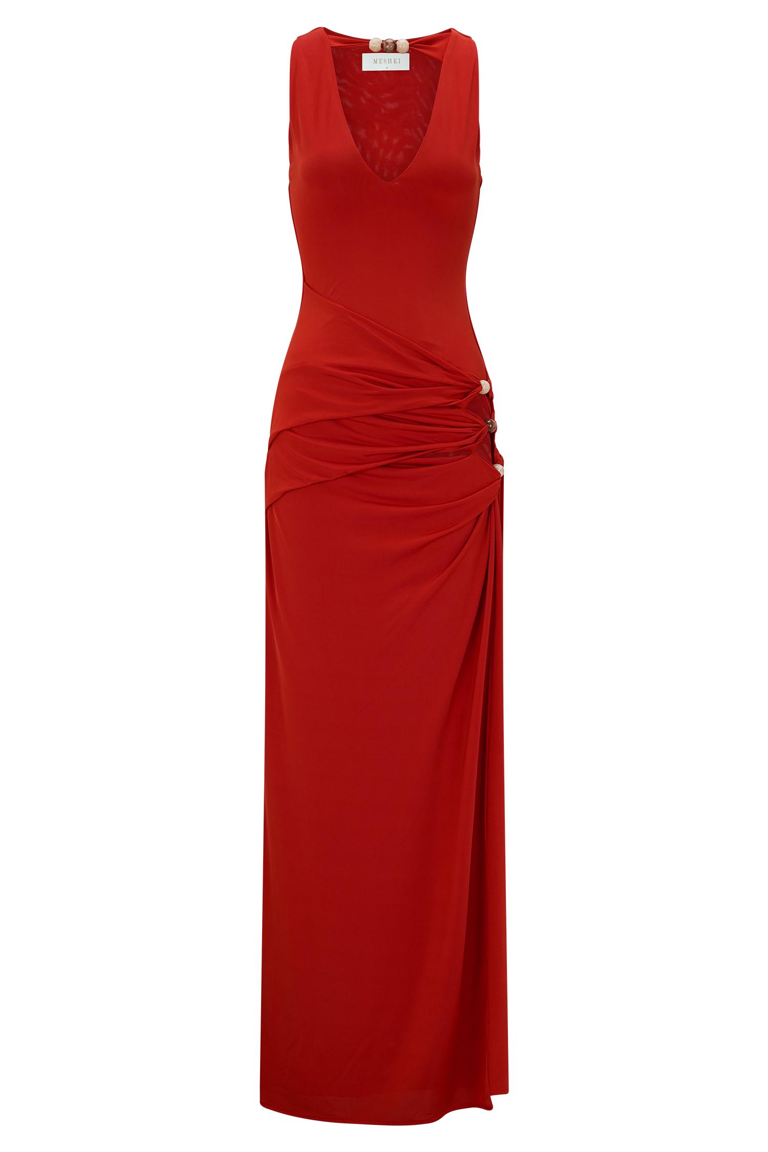 Kaiden Slinky Beaded Maxi Dress - Desert Red Product Image