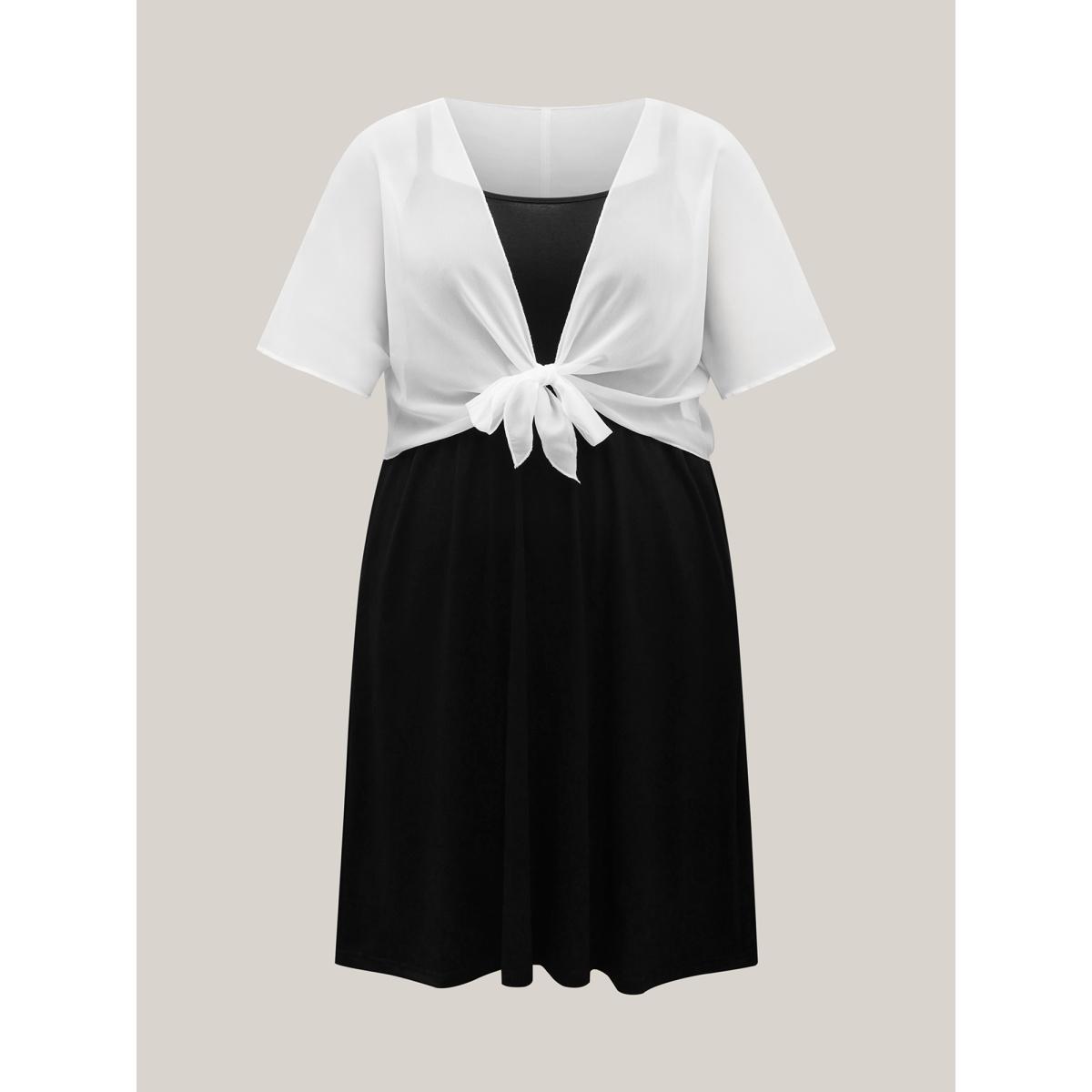 Plus Size Two-Piece Knotted Pockets Midi Dress Black Women Square Neck Short sleeve Curvy BloomChic 18-20/2X Product Image