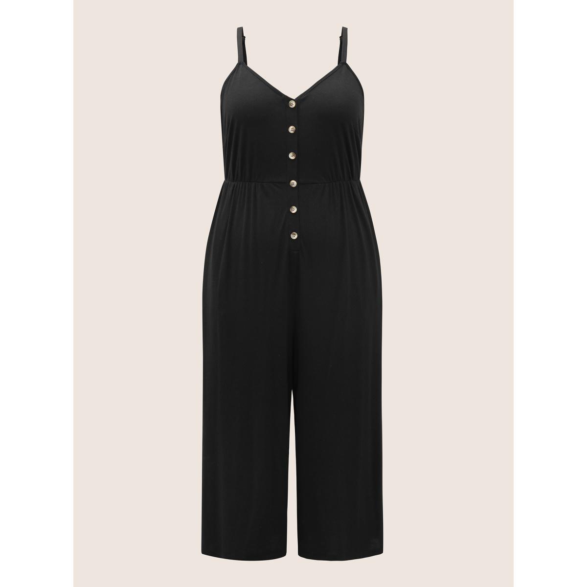 Plus Size Black Solid Button Detail Gathered Jumpsuit Women Casual Sleeveless Non Everyday Loose Jumpsuits BloomChic 30/6X Product Image