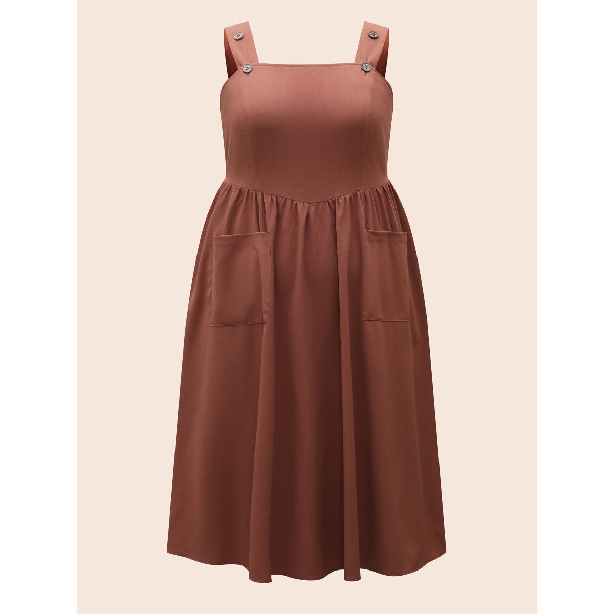 Plus Size Overall Straps Stretchy-Waist Pockets Midi Dress Rust Women Casual Texture Non Sleeveless Curvy BloomChic 10/M Product Image