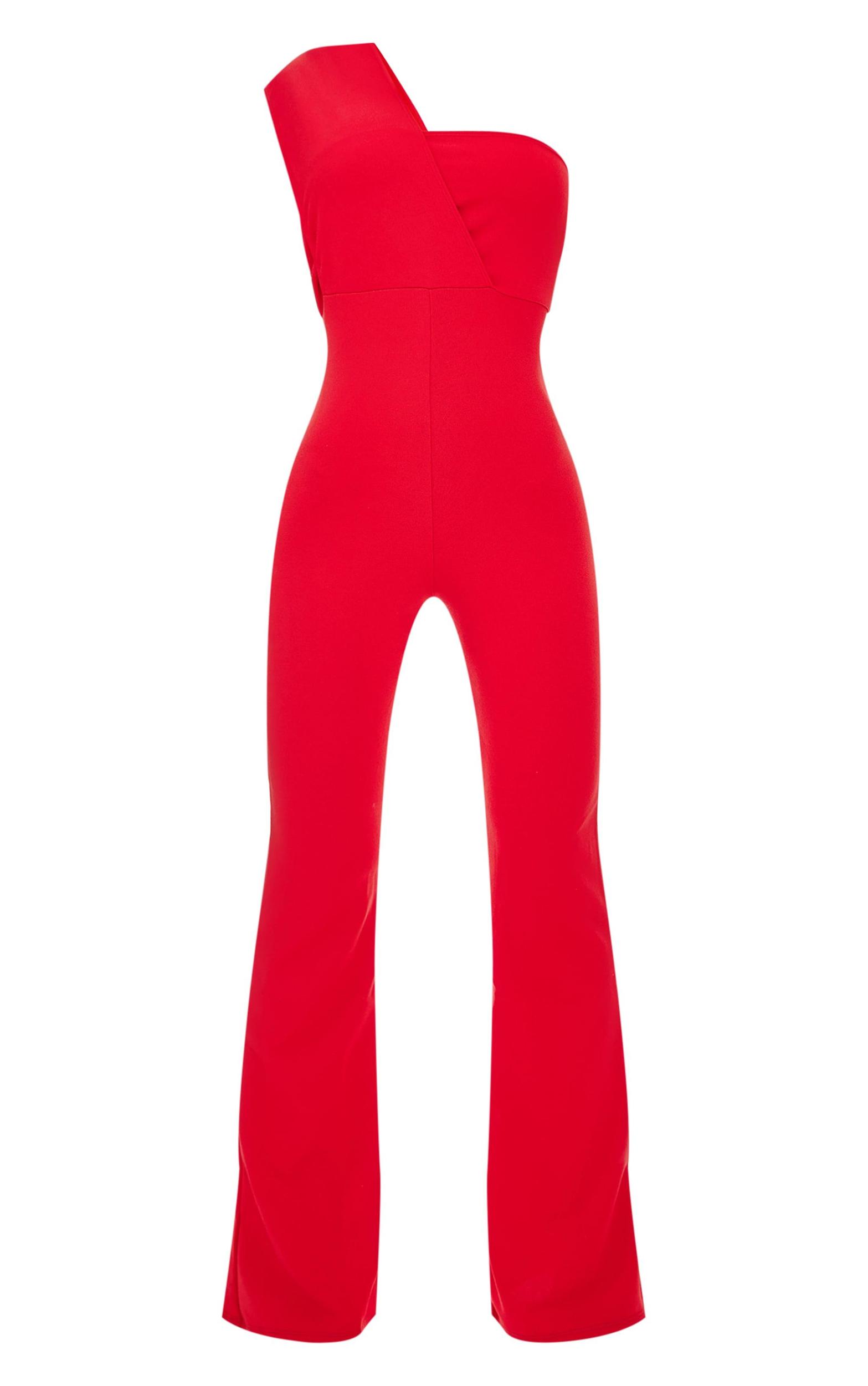 Red One Shoulder Drape Detailed Jumpsuit Product Image