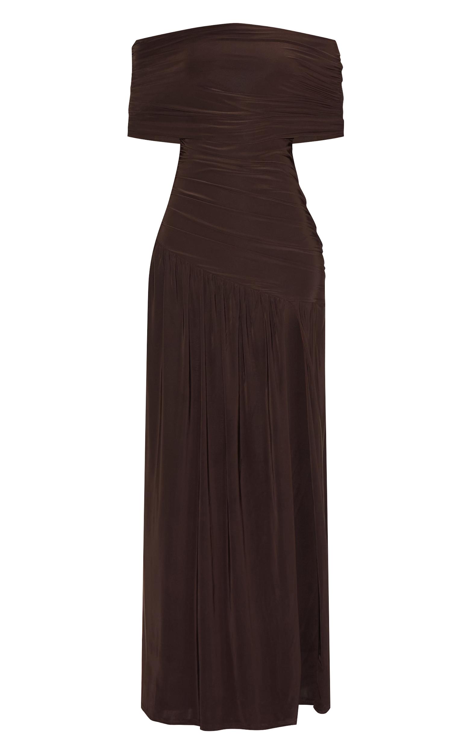 Chocolate Brown Double Layer Slinky Bardot One Shoulder Ruched Maxi Dress Product Image