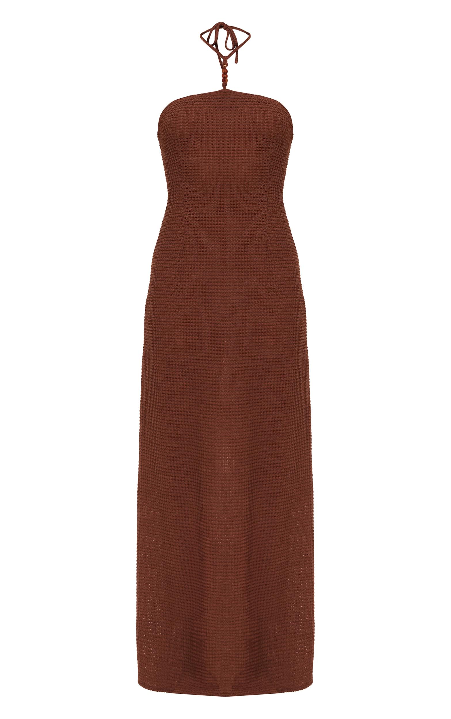 Petite Mocha Crochet Bead Trim Halter Neck Maxi Beach Dress Product Image
