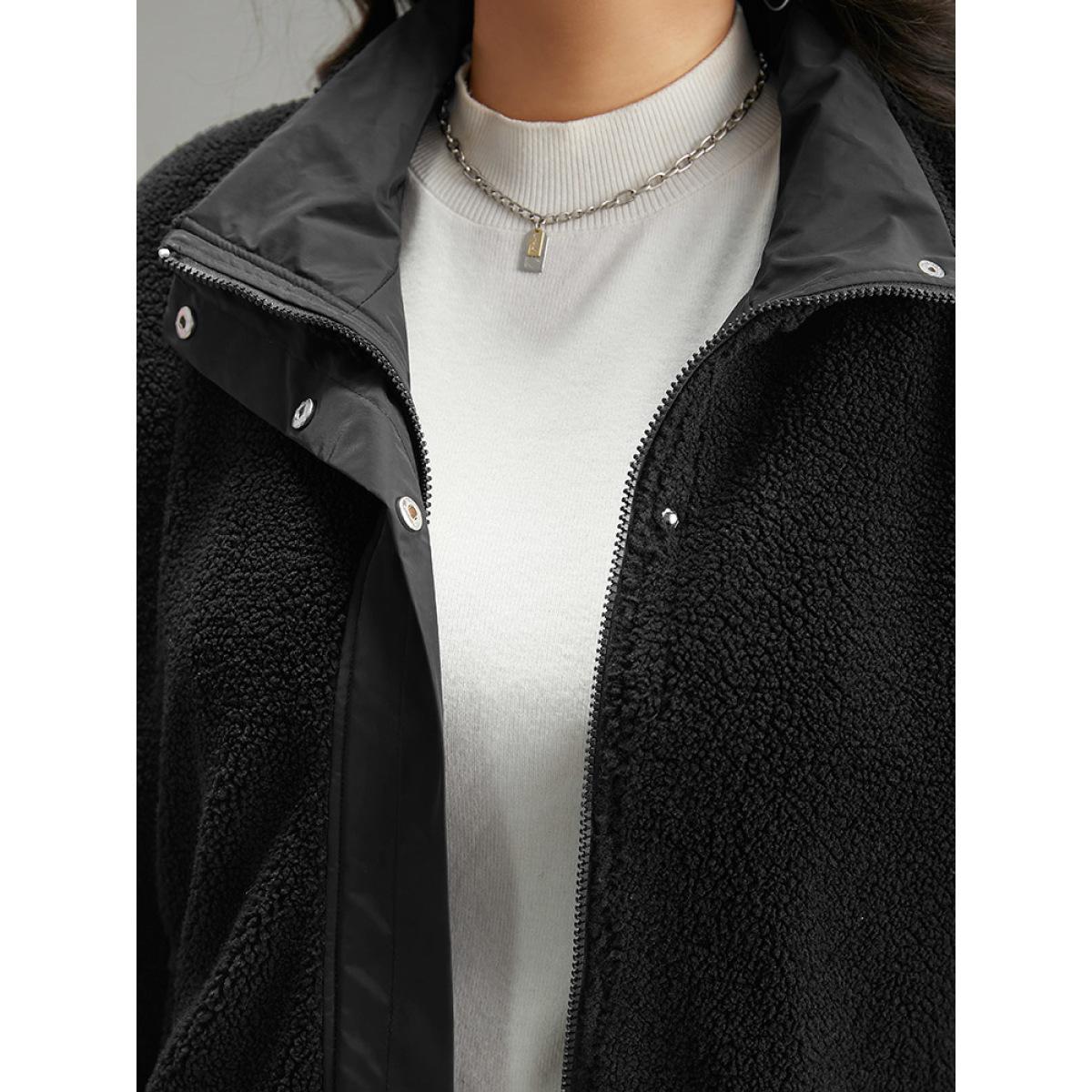 Plus Size Solid Patchwork Button Up Pocket Zipper Jacket Women Black Zipper Pocket Dailywear Jackets BloomChic 12/L Product Image