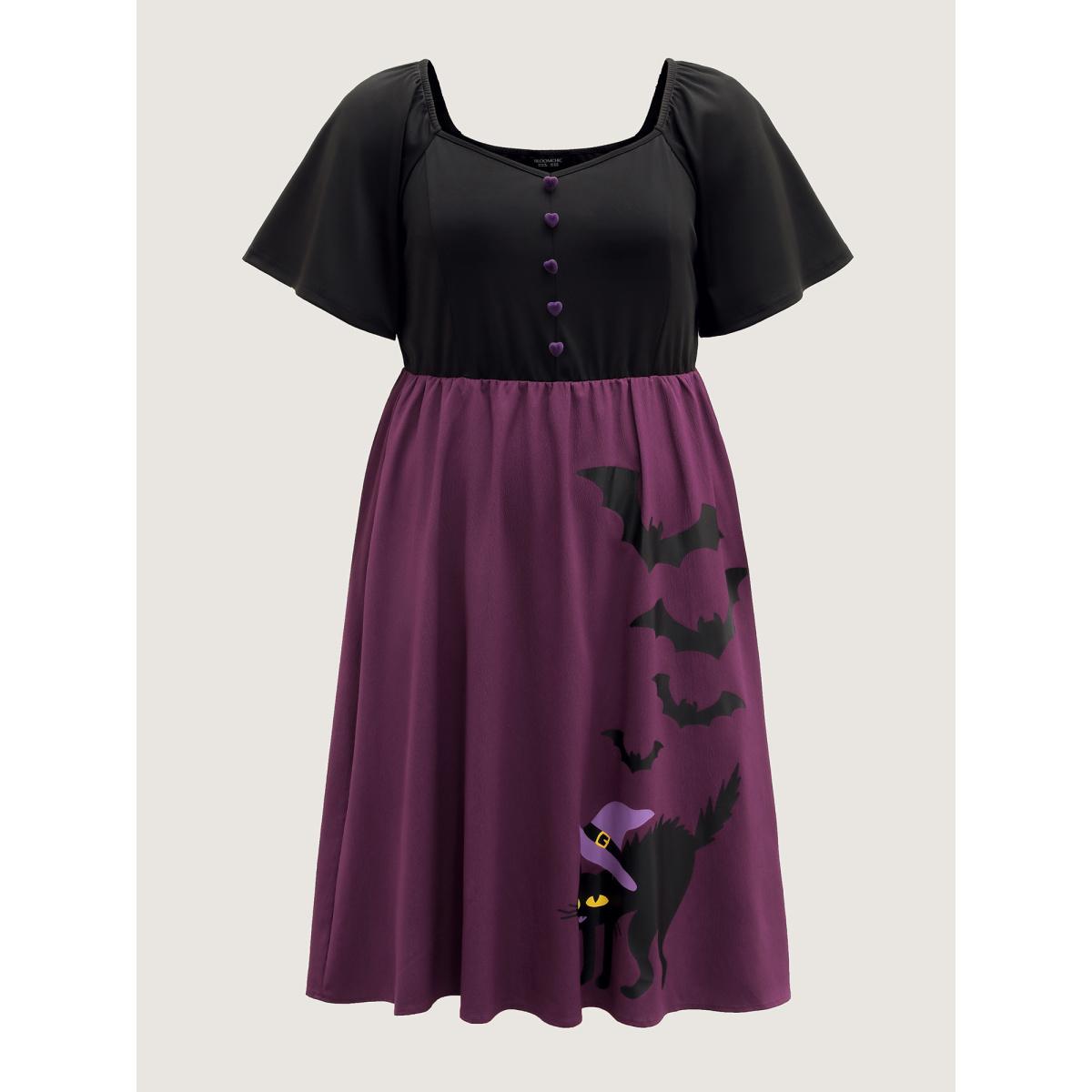 Plus Size Wicked Halloween Print Contrast Button Midi Dress Deeppurple Women Timeless Gathered Heart neckline Short sleeve Curvy BloomChic 10/M Product Image
