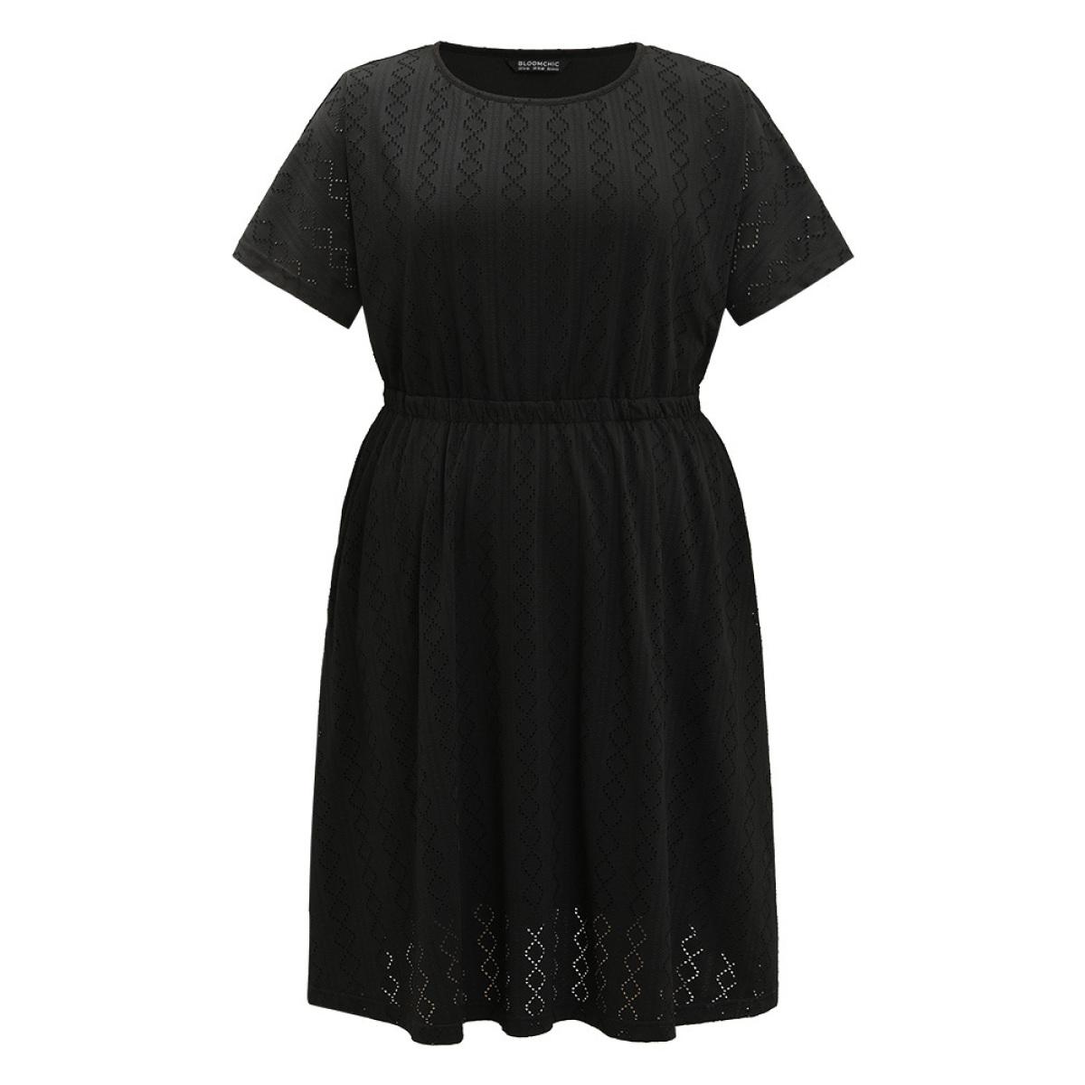 Plus Size Plain Geo Eyelet Batwing Sleeve Elastic Waist Dress Black Women Casual Texture Round Neck Short sleeve Curvy Midi Dress BloomChic 28/5X Product Image