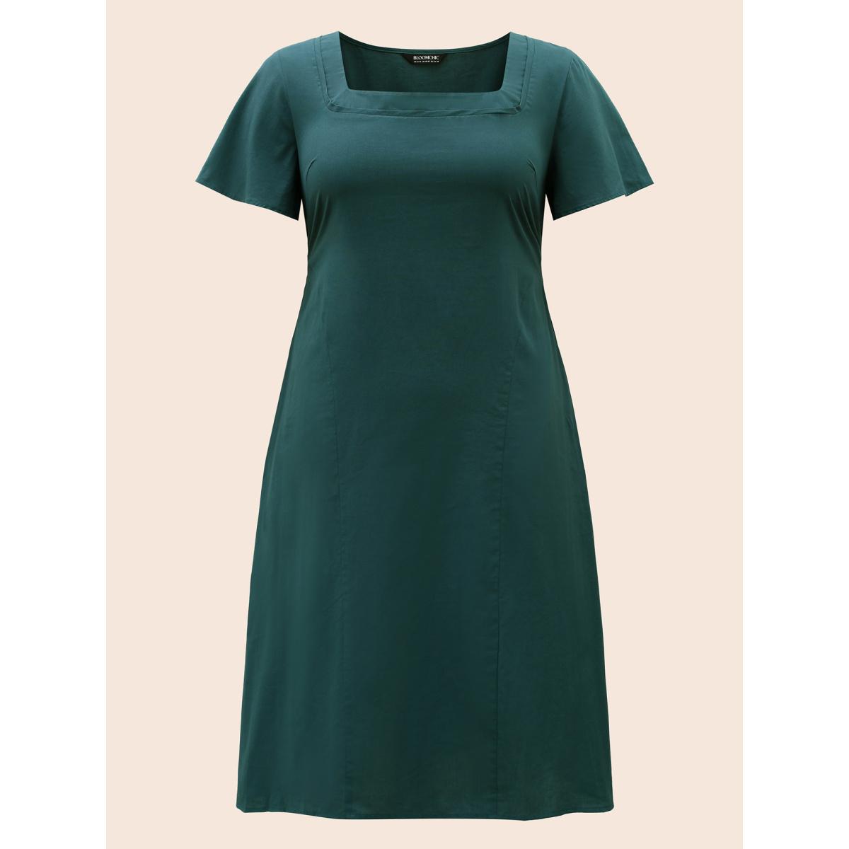 Plus Size Square Neck Ruffle Sleeve Shirred Dress ArmyGreen Women Elegant Shirred Square Neck Short sleeve Curvy BloomChic 28/5X Product Image