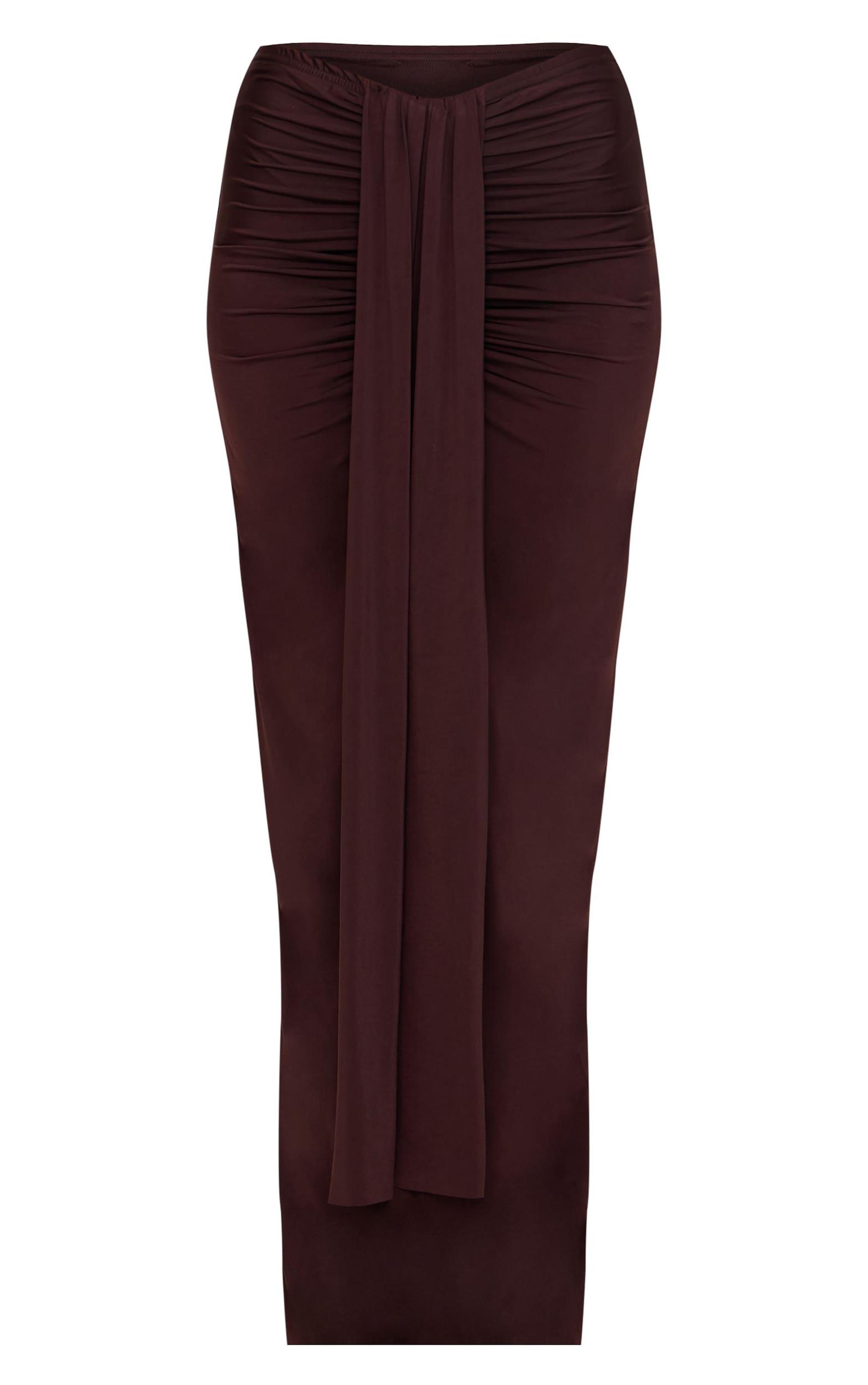 Chocolate Slinky Drape Front Ruched Maxi Skirt Product Image