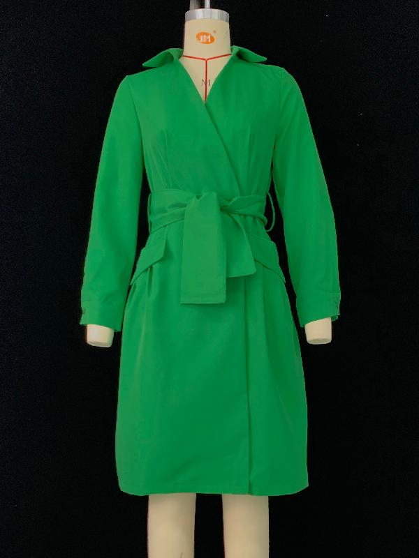 Long Sleeves Solid Color Tied Waist Deep V-Neck Mini Dresses Product Image