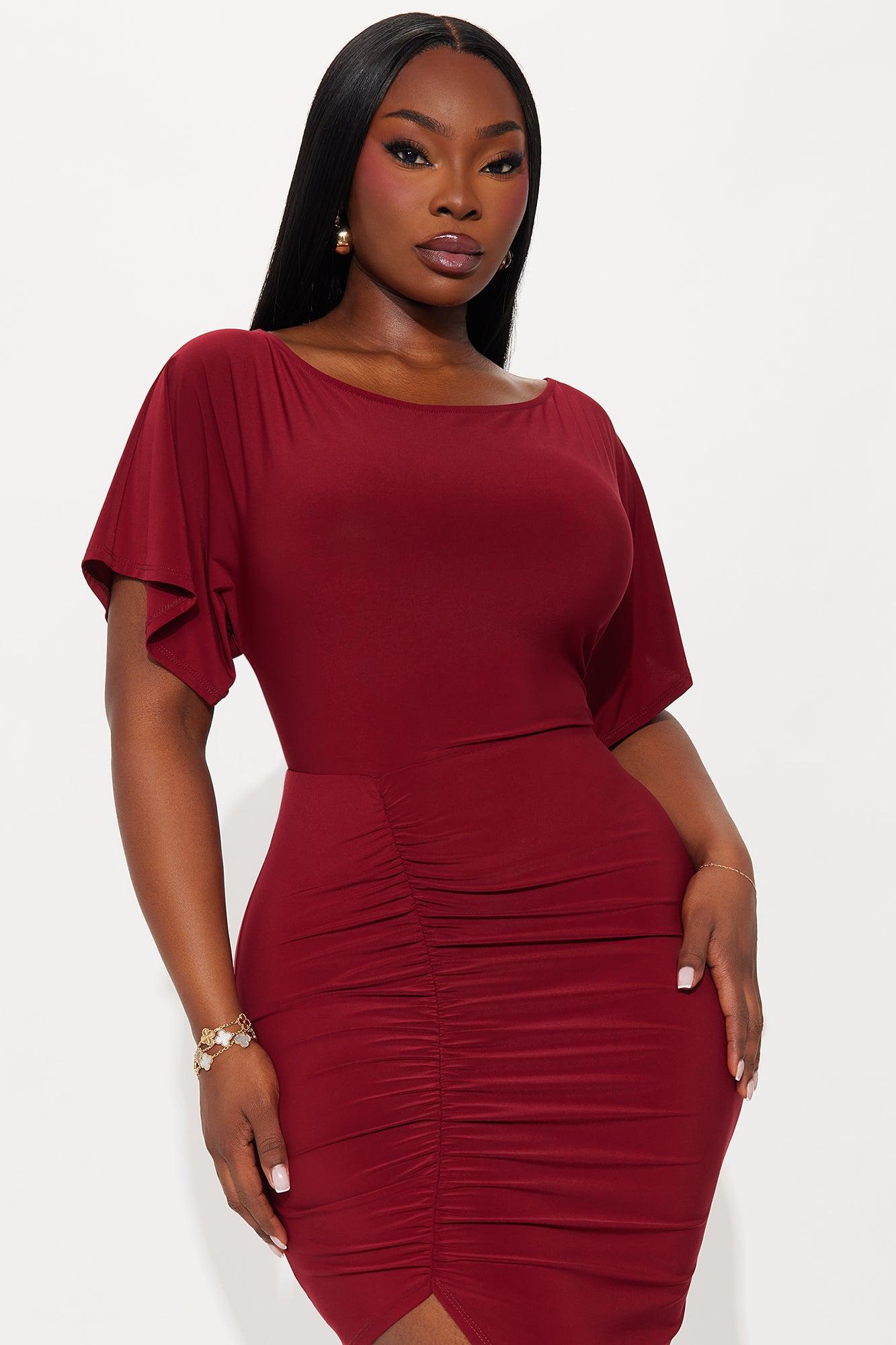 Maddison Short Sleeve Ruched Midi Dress - Burgundy Female Product Image