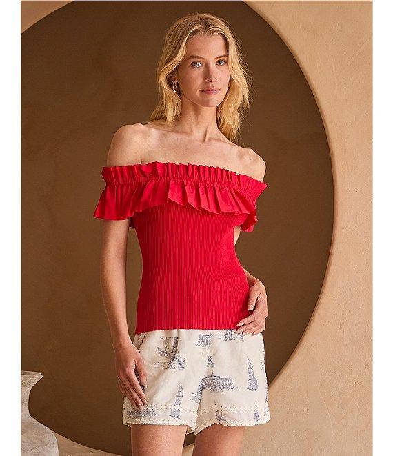 Skies Are Blue Mixed Media Off-The-Shoulder Ruffle Detail Top Product Image