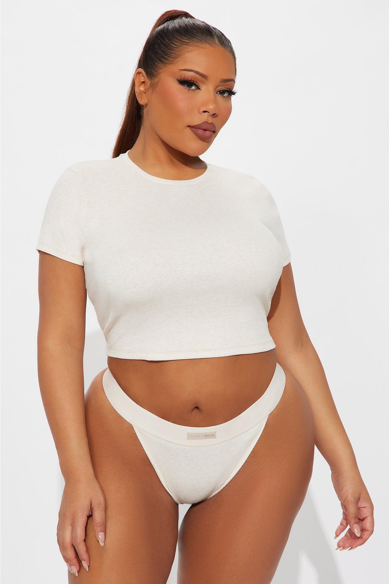 FN Mood T-Shirt And Thong 2 Piece Cotton Set - Oatmeal Female Product Image