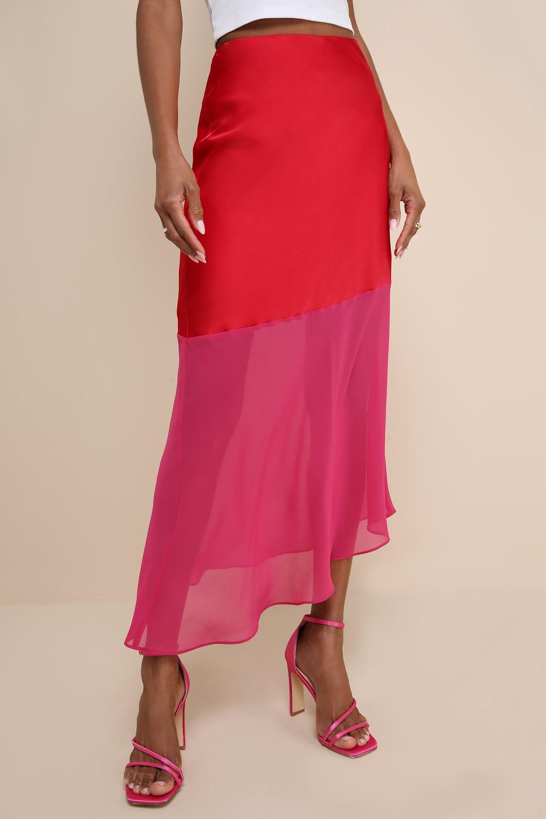 Memorable Approach Red and Pink Color Block Satin Midi Skirt Product Image