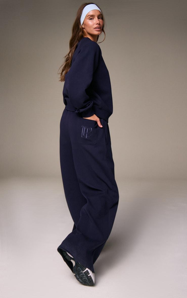 Navy Embroidered Interlock Wide Leg Sweatpant Product Image
