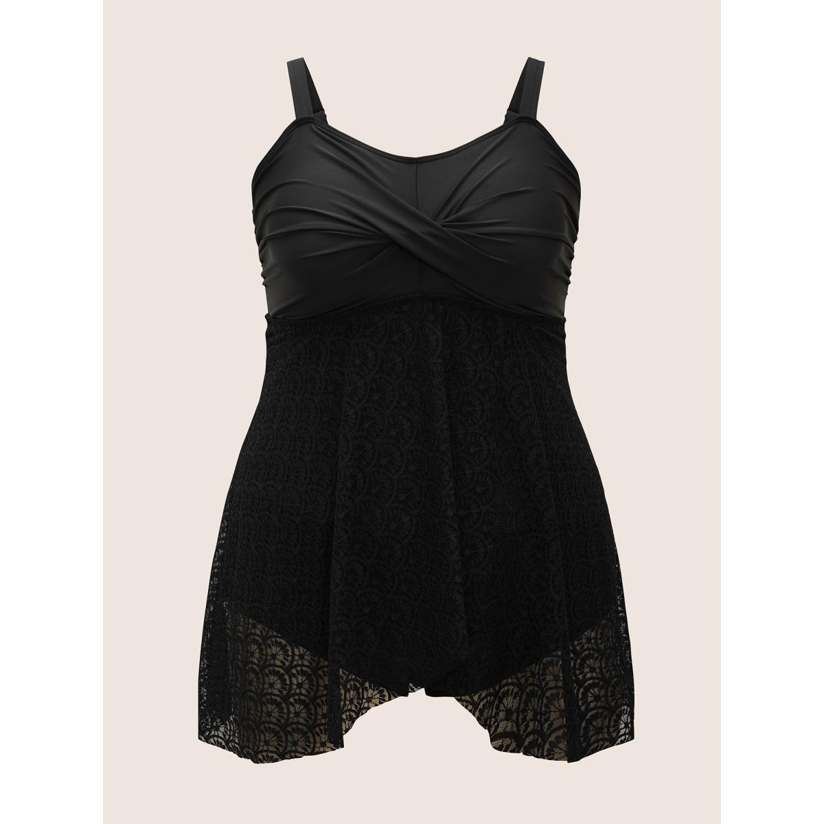 Plus Size Crochet Lace Mesh Twist Swim Dress Women's Swimwear Black Beach Bodycon Heart neckline High stretch Curve Swim Dresses BloomChic 10/M Product Image