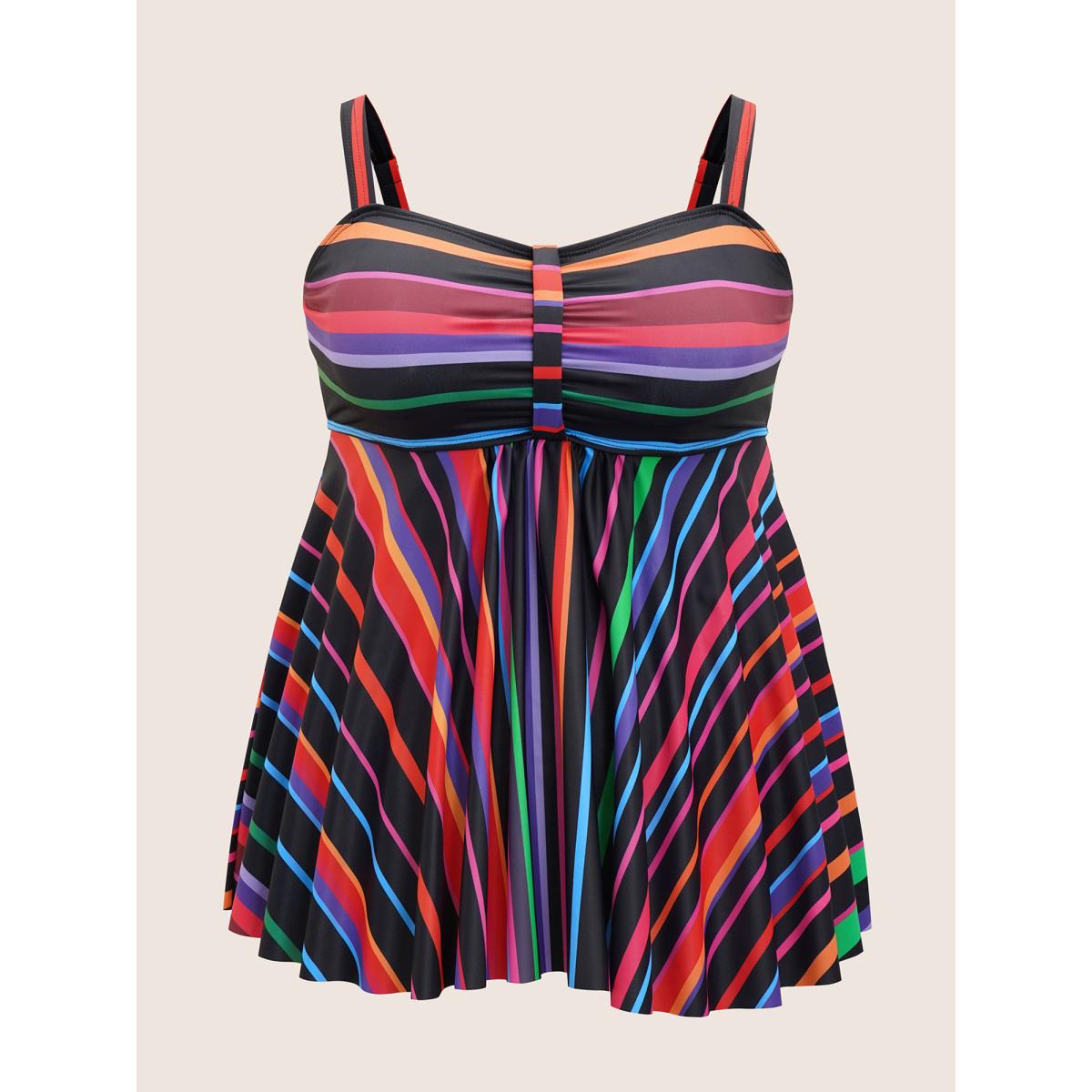 Plus Size Heart Neckline Striped Contrast Gathered Swim Top Women's Swimwear Black Beach Gathered High stretch Bodycon Heart neckline Curve Swim Tops BloomChic 14-16/1X Product Image