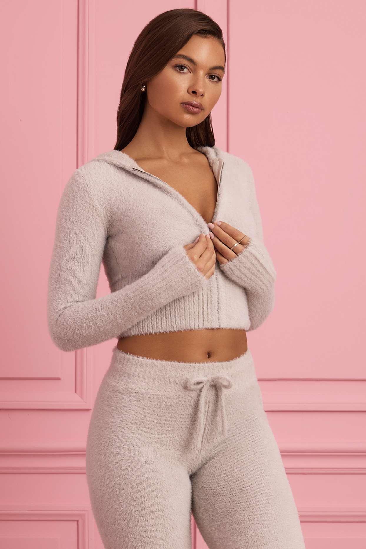 Fluffy Knit Zip-Up Hoodie in Cloud Grey Female Product Image