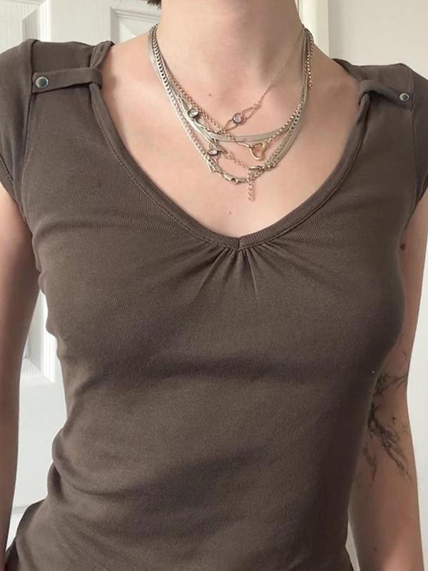 Vintage Pleated V Neck Short Sleeve Tee Product Image