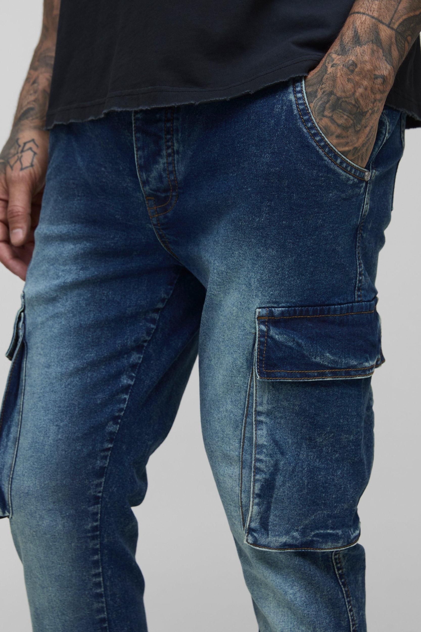 Tall Washed Cargo Seam Detail Skinny Jeans | boohooMAN USA Product Image