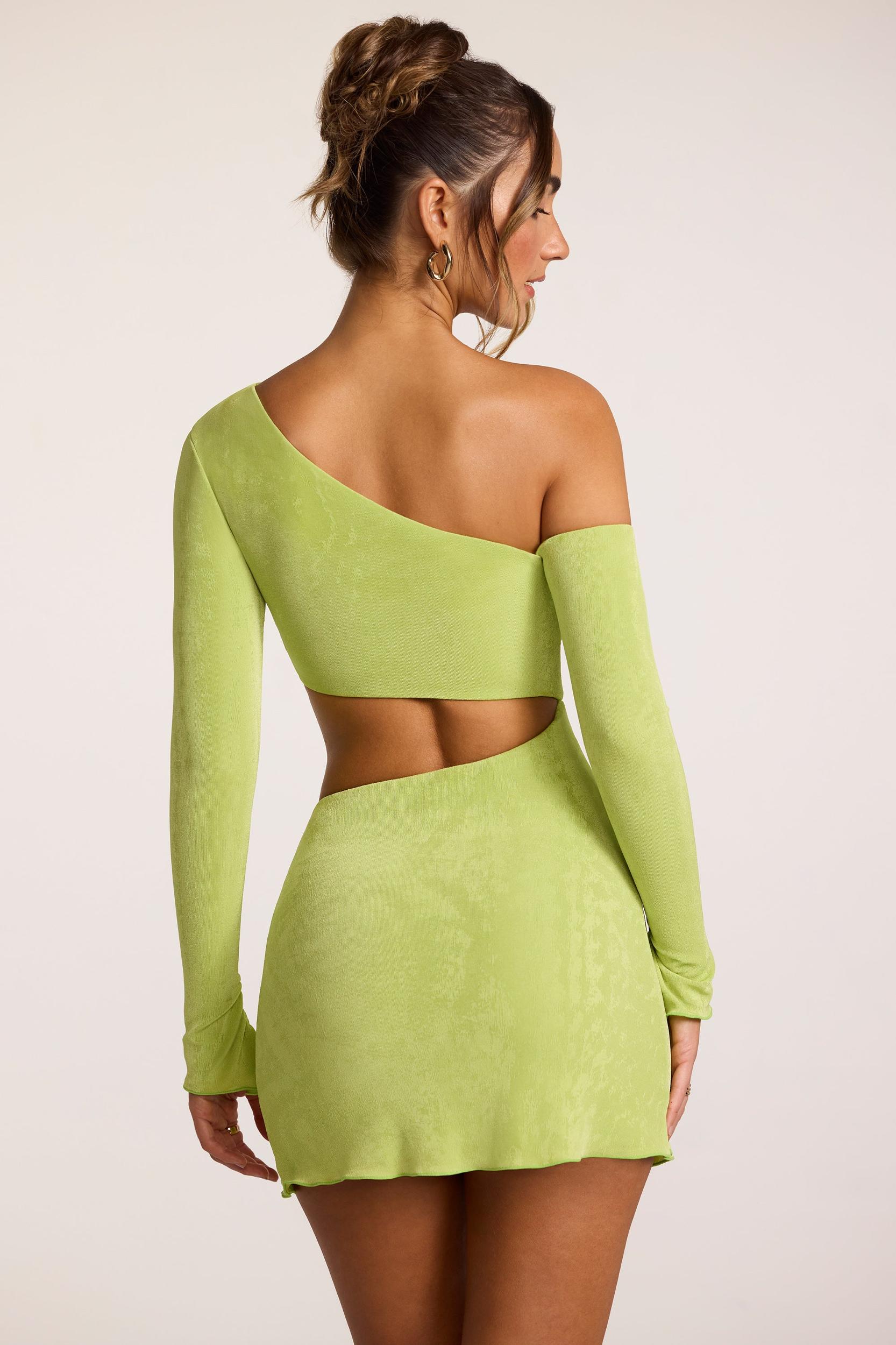 Textured Jersey Asymmetric Cut Out Mini Dress in Lime Product Image
