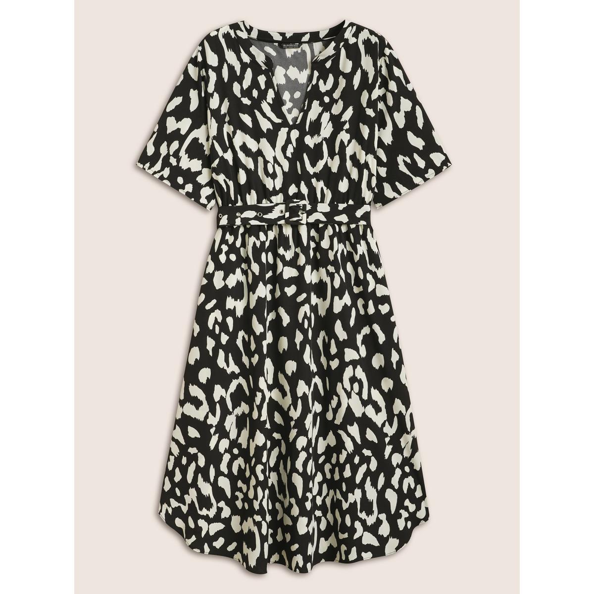 Plus Size Geometric Notched Belted Arc Hem Dress Black Women Work From Home Belted Flat collar with V-notch Half Sleeve Curvy BloomChic 10/M Product Image