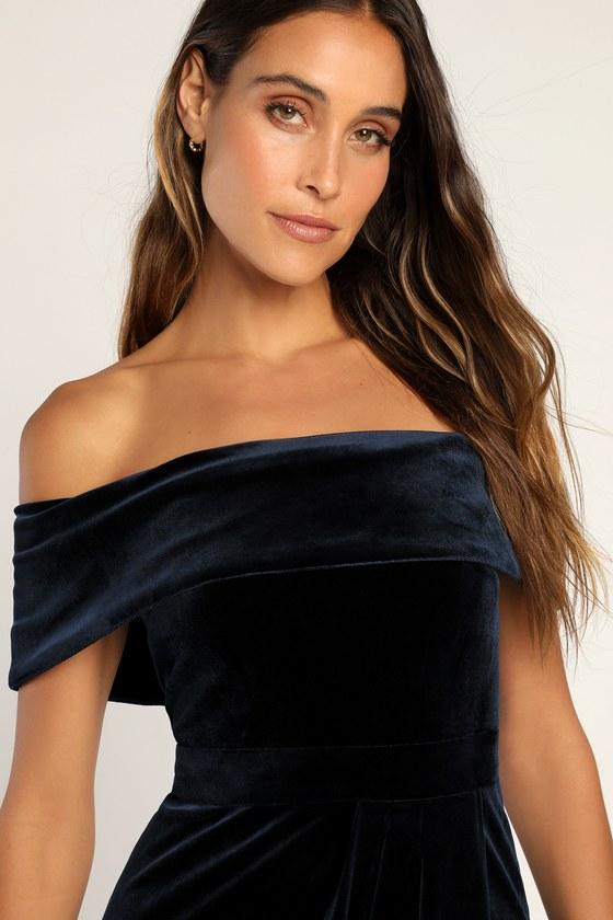 I'm Enchanted Navy Blue Velvet Off-the-Shoulder Maxi Dress Product Image