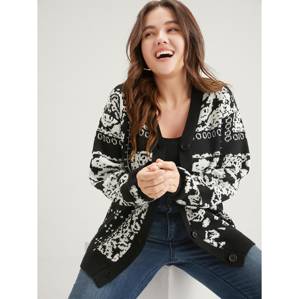 Plus Size Bandana Super Soft Knit Button Front Jacquard Cardigan BlackFlower Women Casual Long Sleeve Dailywear Cardigans BloomChic 22-24/3X Product Image