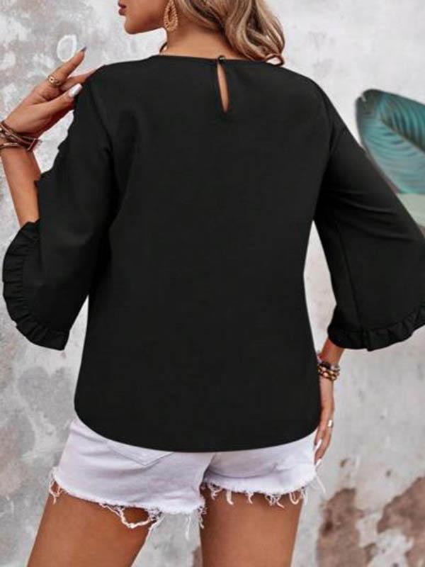 Loose Three-Quarter Sleeves Pleated Ruffled Solid Color Split-Joint Round-Neck Blouses&Shirts Tops Product Image