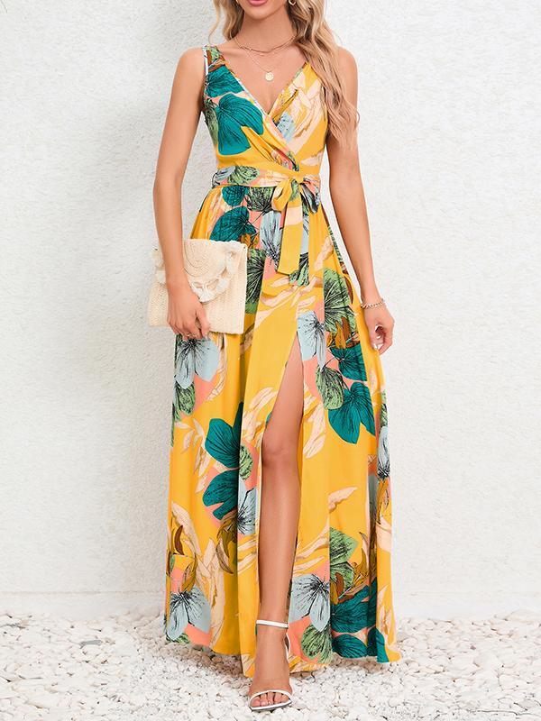 A-Line Loose Flower Print Pleated Split-Front Tied Waist V-Neck Maxi Dresses Product Image